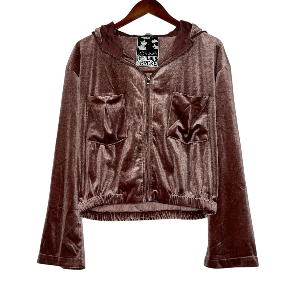 Young Fabulous and Broke Hoodie Fritzy Velour Jacket Dusty Pink Crop SZ Medium